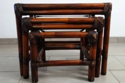 3 tables gigognes vintage en bambou et verre fumé, 1960