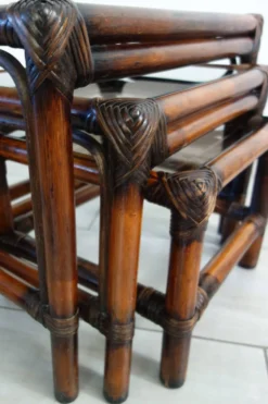 3 tables gigognes vintage en bambou et verre fumé, 1960