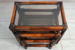 3 tables gigognes vintage en bambou et verre fumé, 1960