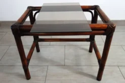 3 tables gigognes vintage en bambou et verre fumé, 1960