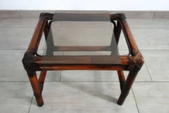 3 tables gigognes vintage en bambou et verre fumé, 1960