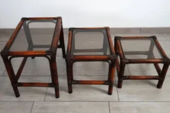 3 tables gigognes vintage en bambou et verre fumé, 1960