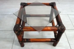 3 tables gigognes vintage en bambou et verre fumé, 1960