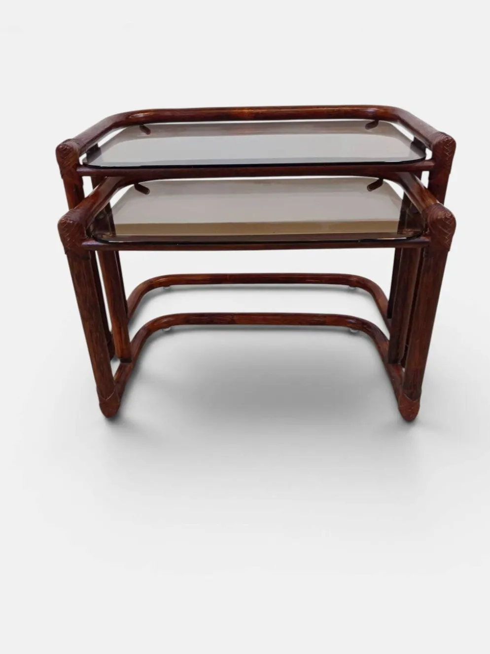 Tables gigognes vintage en rotin et verre fumé par Flecht-Atelier Schütz
