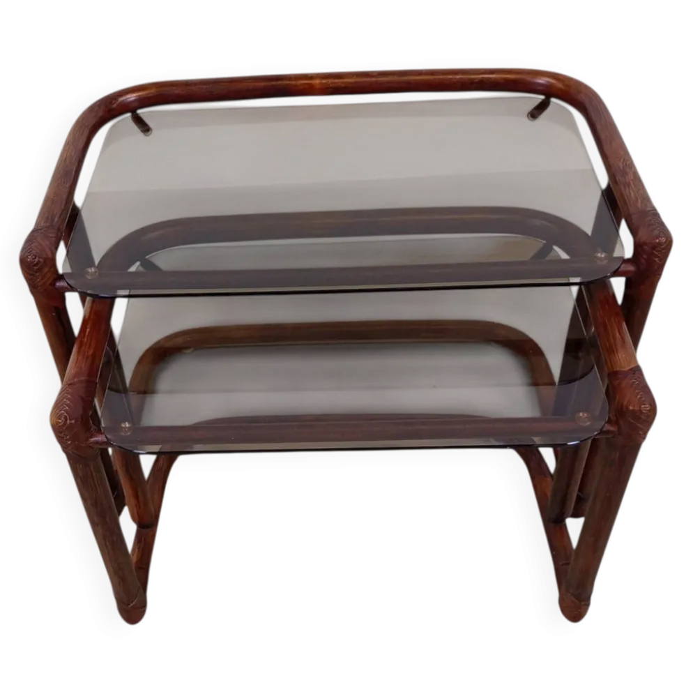 Tables gigognes vintage en rotin et verre fumé par Flecht-Atelier Schütz