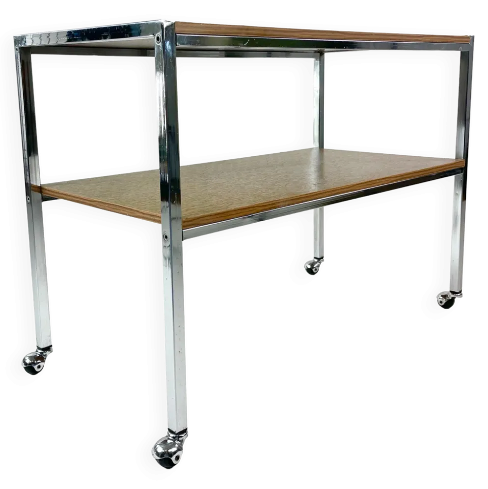 Table sur roulettes, plateau stratifié et pieds Eiffel métalliques, circa 1950