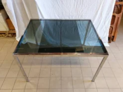 Table vintage extensible verre teinté et chrome Milo Baughman - Années 70