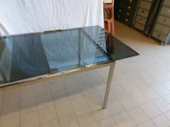 Table vintage extensible verre teinté et chrome Milo Baughman - Années 70