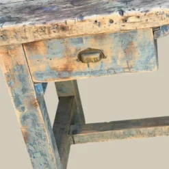 Établi console à tiroirs en hêtre patine bleue 1940