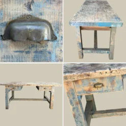 Établi console à tiroirs en hêtre patine bleue 1940