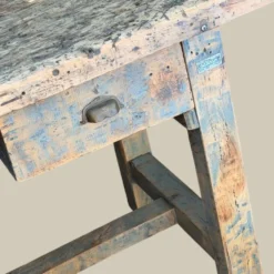 Établi console à tiroirs en hêtre patine bleue 1940