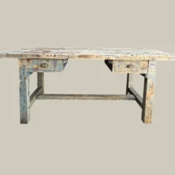 Établi console à tiroirs en hêtre patine bleue 1940