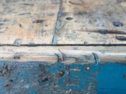 Établi console à tiroirs en hêtre patine bleue 1940