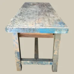 Établi console à tiroirs en hêtre patine bleue 1940