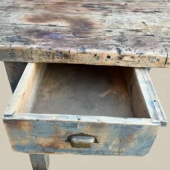 Établi console à tiroirs en hêtre patine bleue 1940