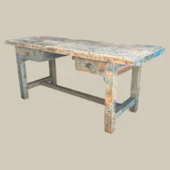 Établi console à tiroirs en hêtre patine bleue 1940