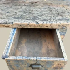 Établi console à tiroirs en hêtre patine bleue 1940