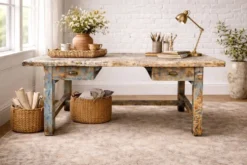 Établi console à tiroirs en hêtre patine bleue 1940