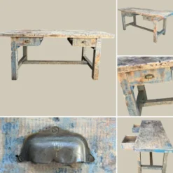 Établi console à tiroirs en hêtre patine bleue 1940