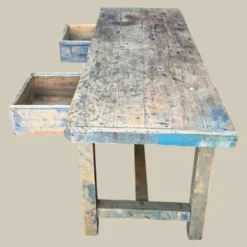 Établi console à tiroirs en hêtre patine bleue 1940
