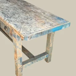 Établi console à tiroirs en hêtre patine bleue 1940