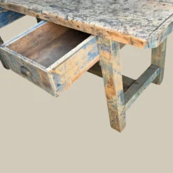 Établi console à tiroirs en hêtre patine bleue 1940