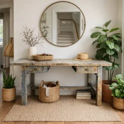 Établi console à tiroirs en hêtre patine bleue 1940