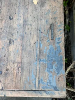 Établi console à tiroirs en hêtre patine bleue 1940