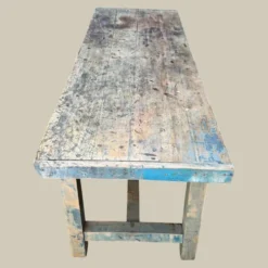 Établi console à tiroirs en hêtre patine bleue 1940