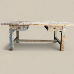 Établi console à tiroirs en hêtre patine bleue 1940