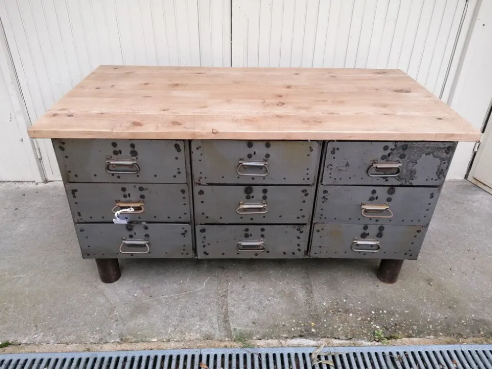 Établi d'atelier ancien, vintage, métal et bois
