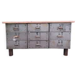 Établi d'atelier ancien, vintage, métal et bois
