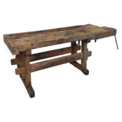 Établi industriel en bois avec étau, 194 cm de long, années 1930