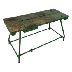 Établi industriel vert unique en bois et métal, 160 cm