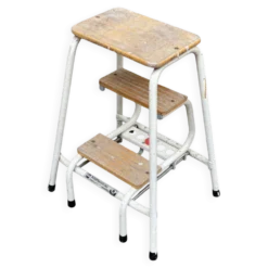 Tabouret escabeau pliable en bois massif et acier blanc