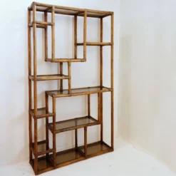 Étagère asymétrique en bambou et verre fumé - Années 1970