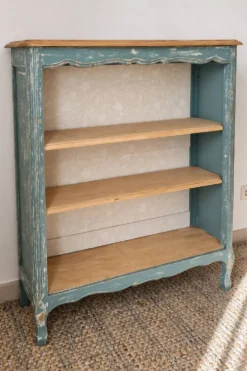 Étagère, bibliothèque ancienne en bois patiné bleu vert