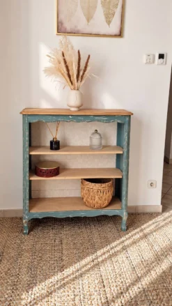 Étagère, bibliothèque ancienne en bois patiné bleu vert