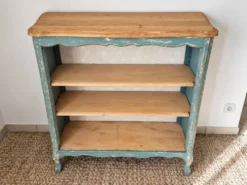 Étagère, bibliothèque ancienne en bois patiné bleu vert