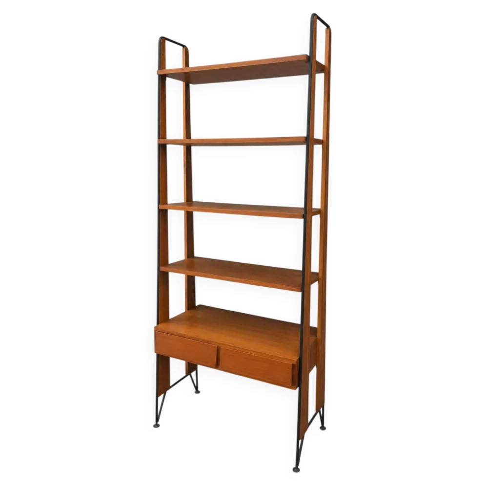 Étagère bibliothèque scandinave vintage en teck et métal noir – Design