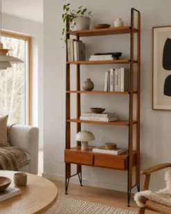 Étagère bibliothèque scandinave vintage en teck et métal noir – Design