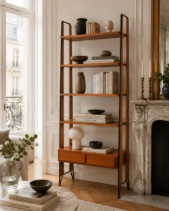 Étagère bibliothèque scandinave vintage en teck et métal noir – Design