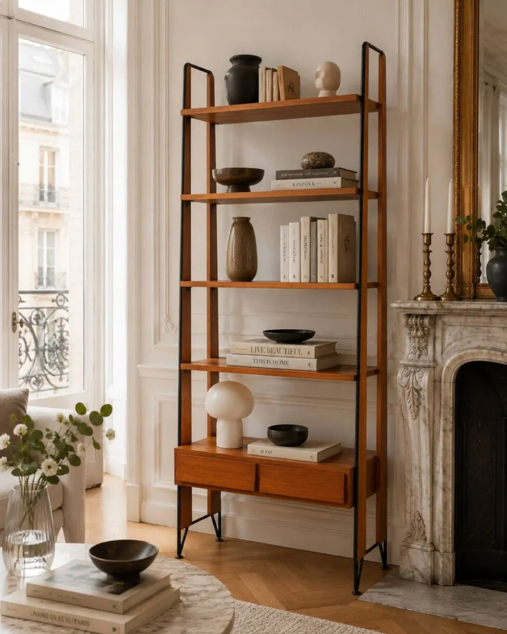 Étagère bibliothèque scandinave vintage en teck et métal noir – Design