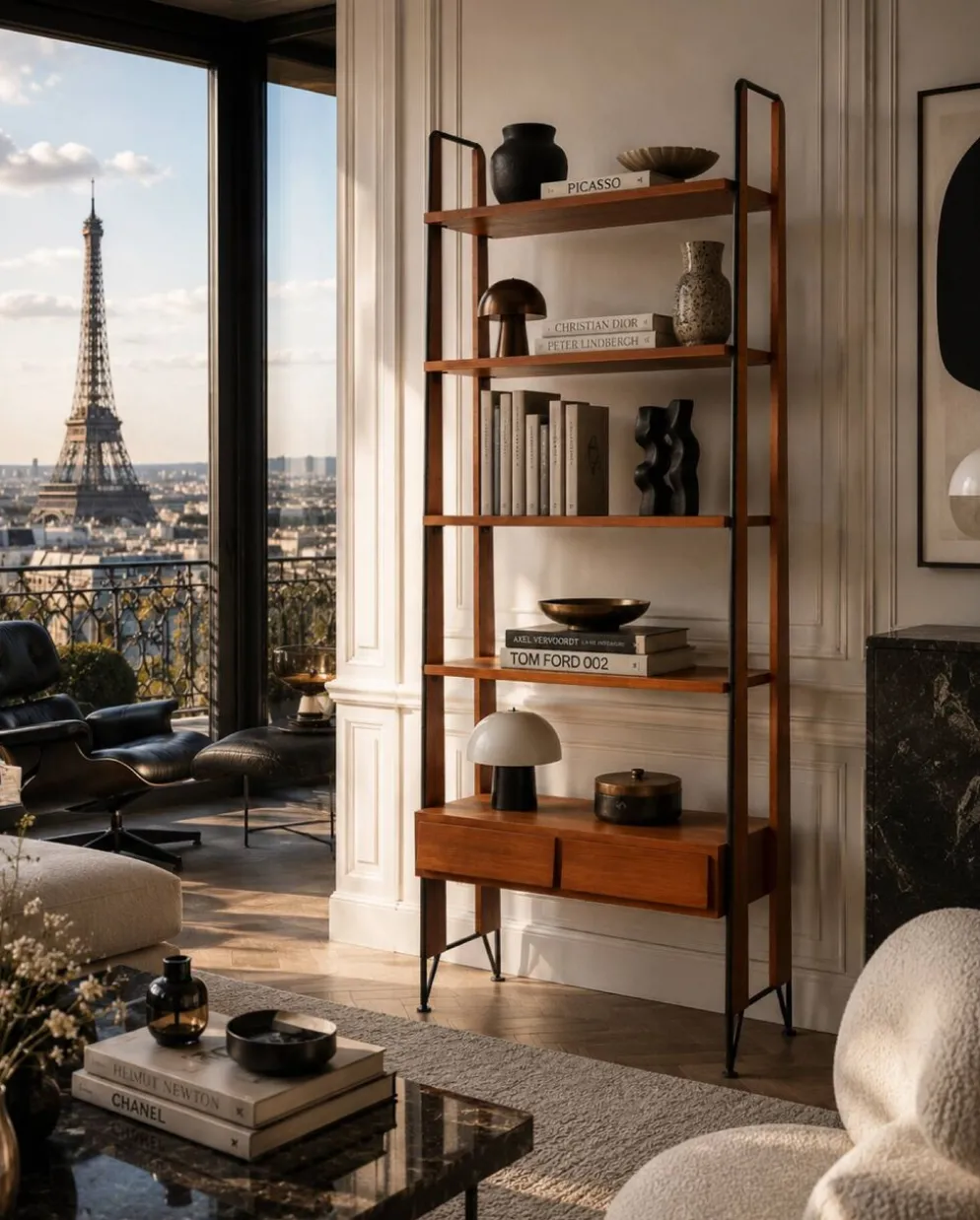 Étagère bibliothèque scandinave vintage en teck et métal noir – Design