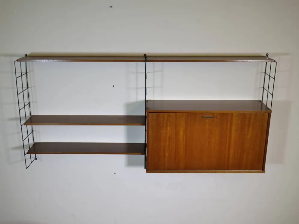 Étagère à cordes de milieu de siècle en teck avec cabinet secrétaire, années 1960