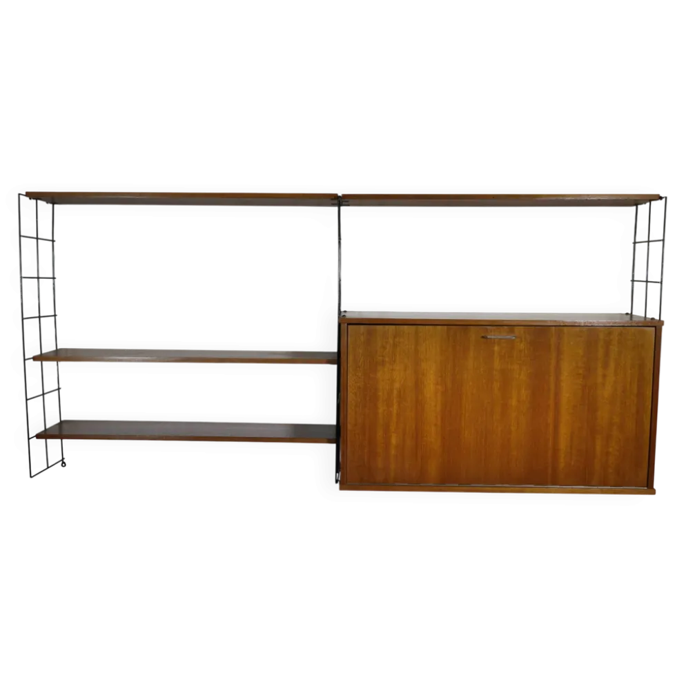 Étagère à cordes de milieu de siècle en teck avec cabinet secrétaire, années 1960