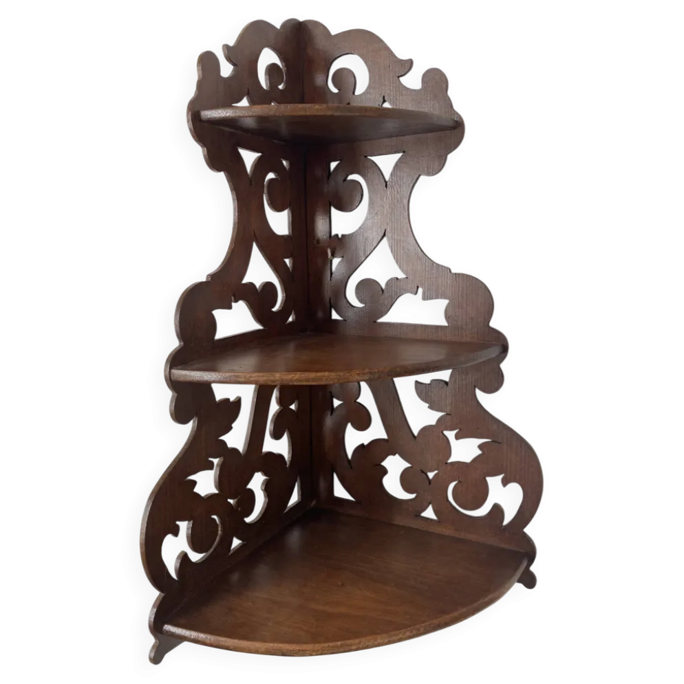 étagère d'angle anceinne en bois ajouré 3 plateaux