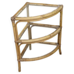 Étagère d'angle en rotin et verre 1970
