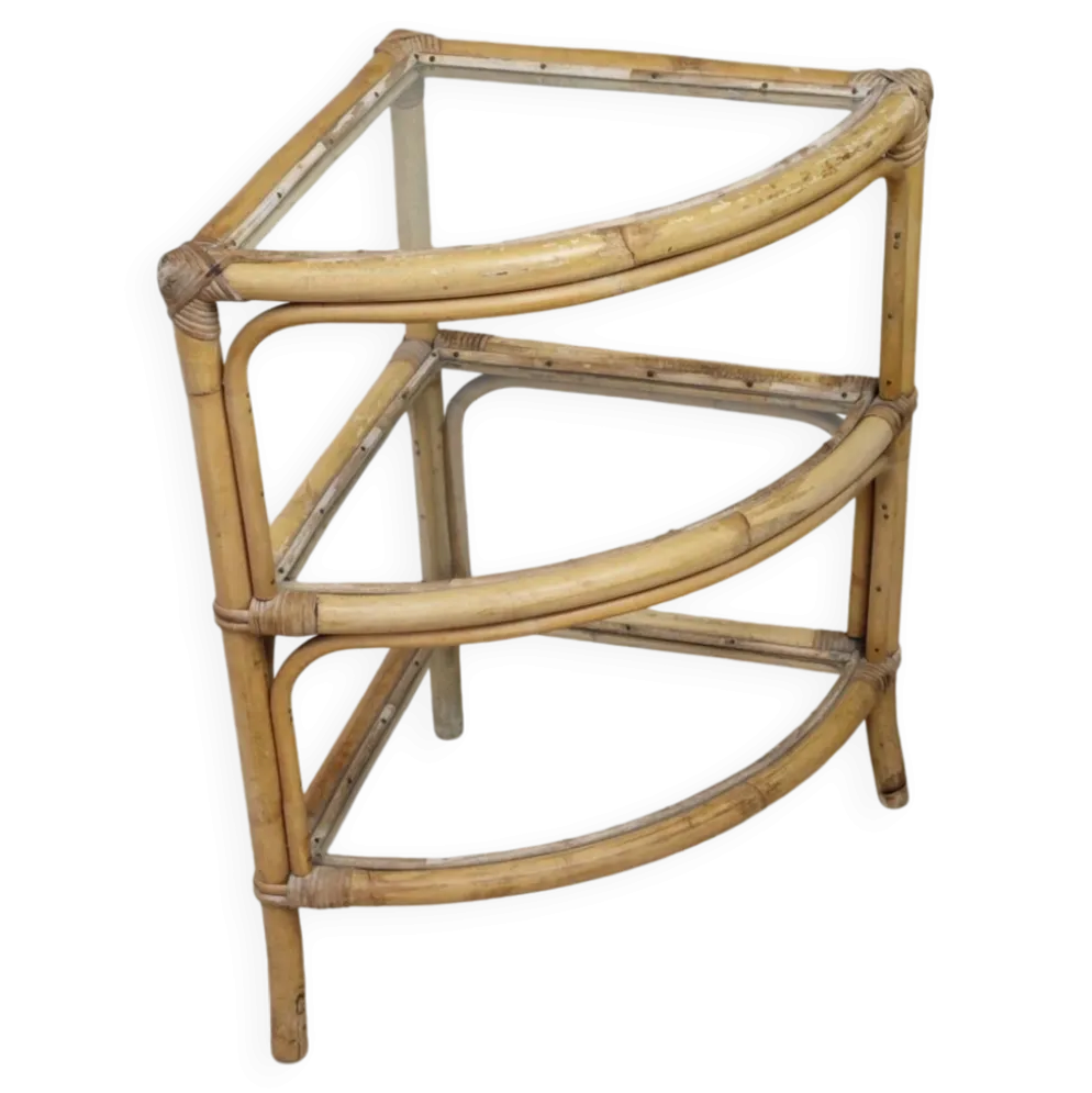 Étagère d'angle en rotin et verre 1970