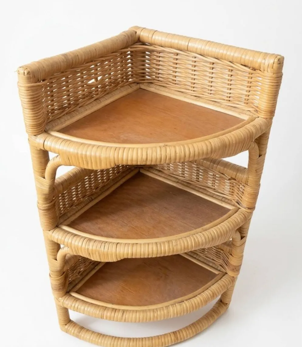 Étagère d'angle murale vintage en rotin, bambou et osier – 3 niveaux